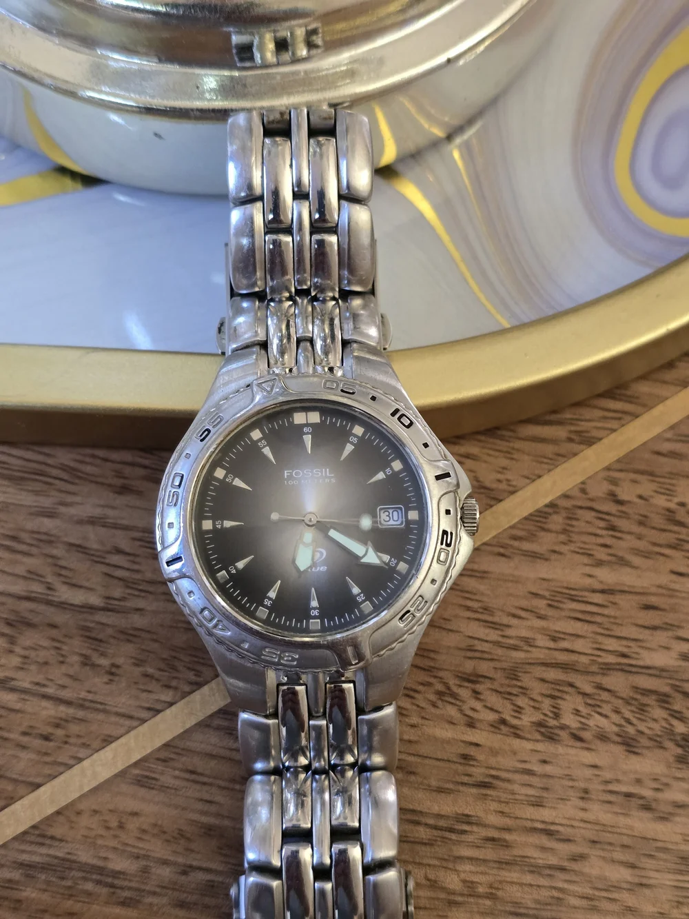 Fossil Silver Stainless Steel Watch with Black Dial